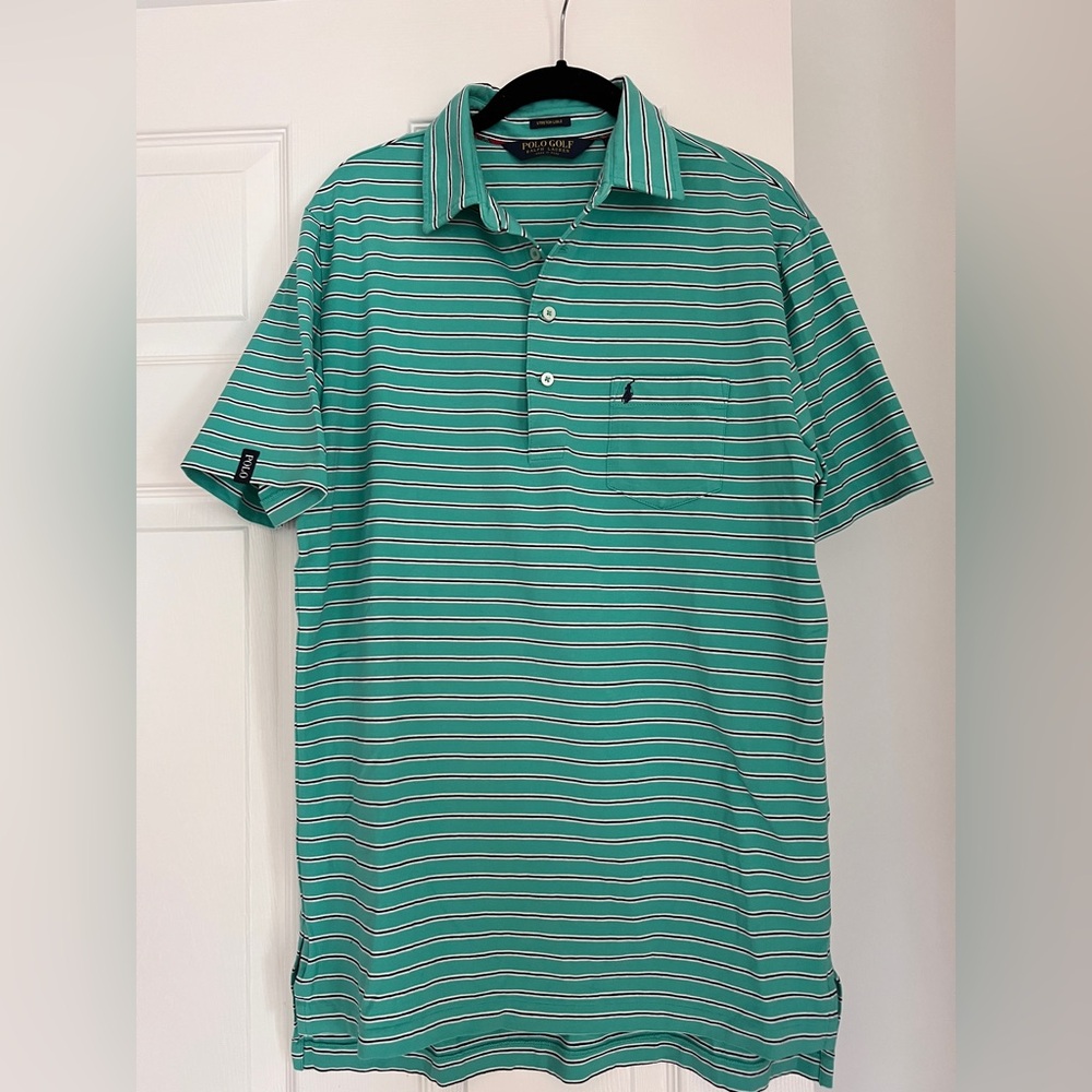Ralph Lauren Polo Golf shirt Green blue striped Stretch Lisle Short sleeve men S